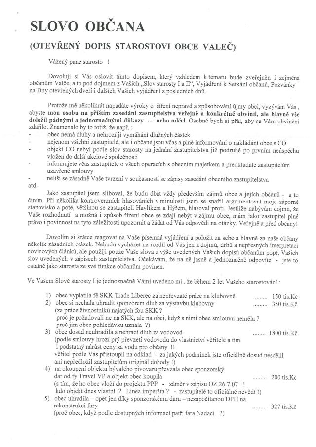 Otevřený dopis občana &Scaron;vamberka starostovi obce Valeč 01