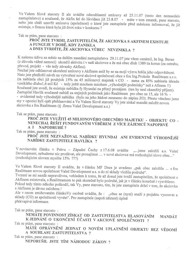 Otevřený dopis občana &Scaron;vamberka starostovi obce Valeč 2, 13. ledna 2009